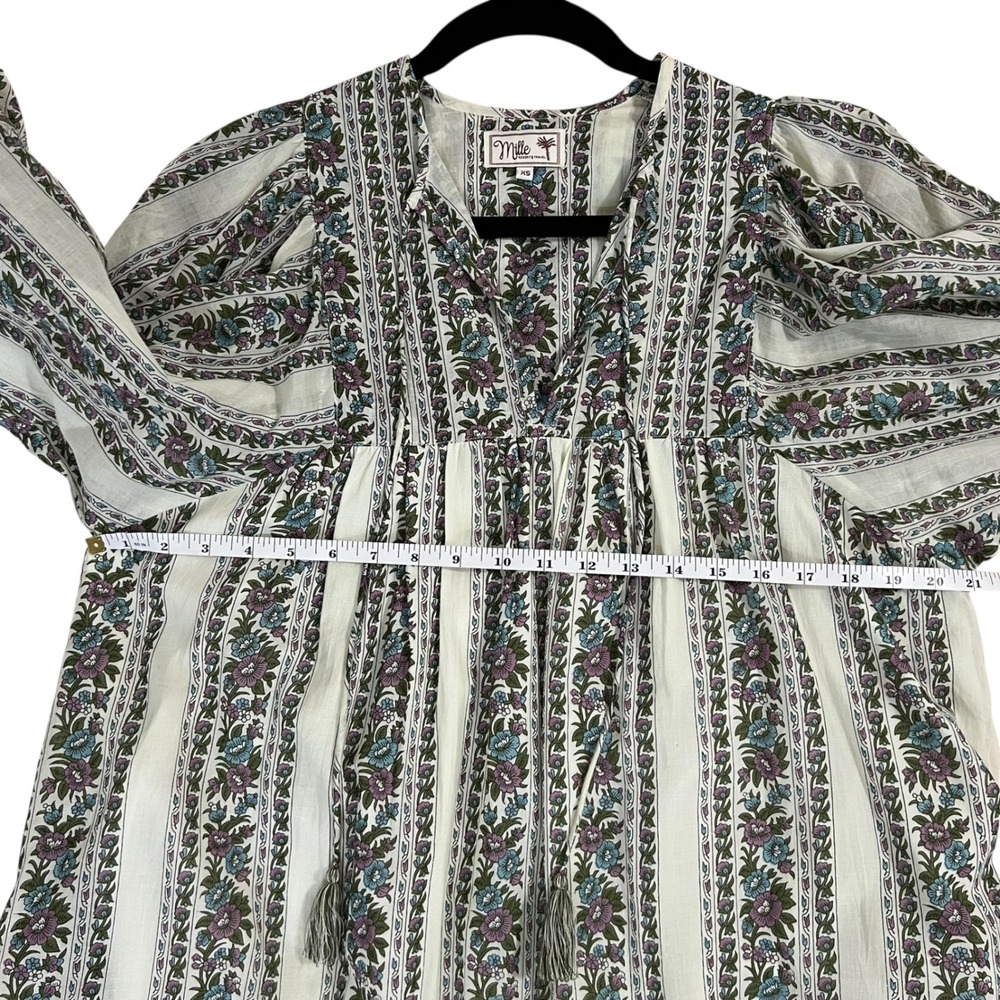 Mille Daisy Balloon Sleeve Goa Stripe Floral Tassel Tie Mini Cotton Dress SZ XS - Picture 11 of 13
